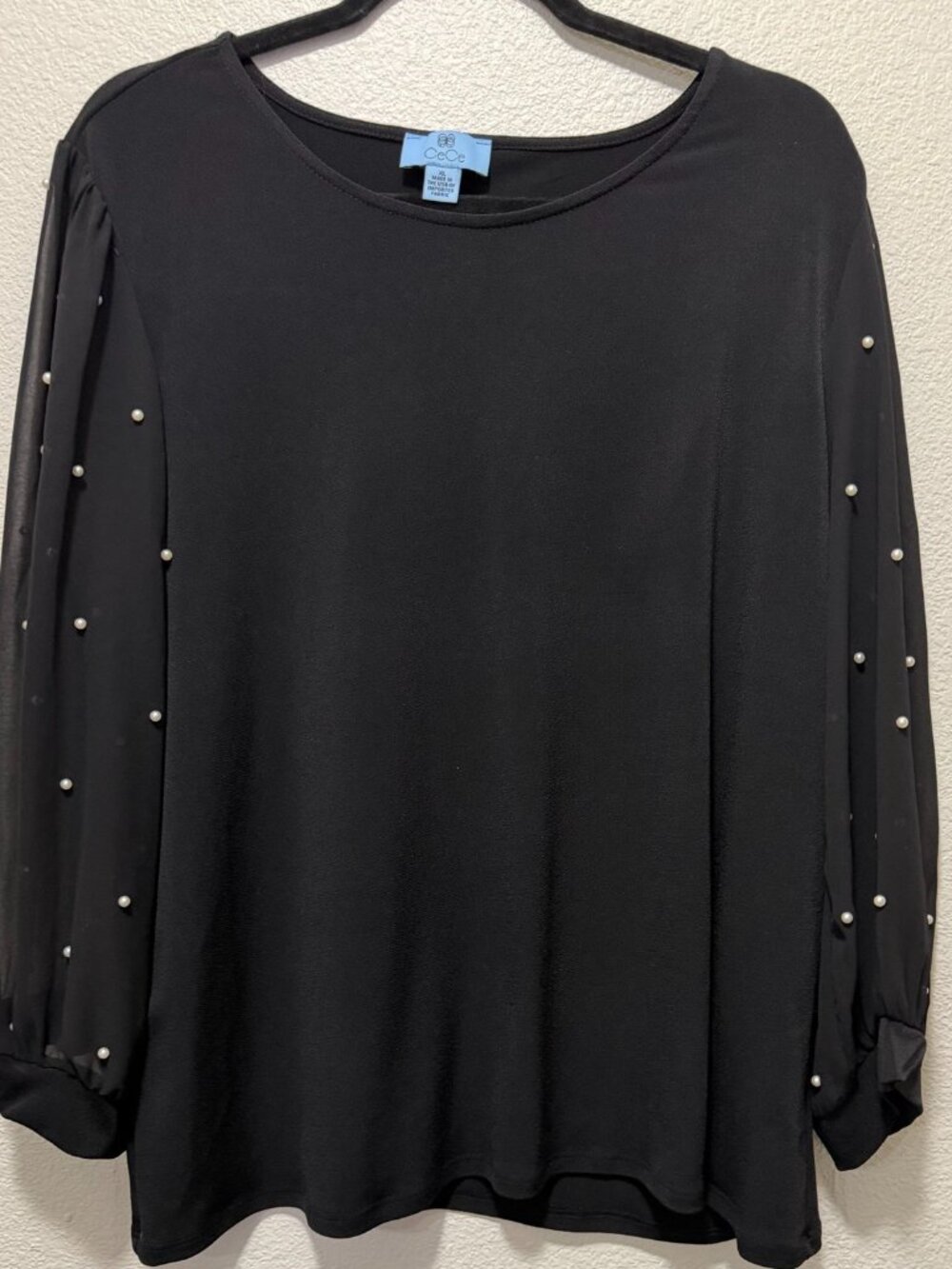 CeCe black blouse, sheer sleeves with pearl accents, size XL